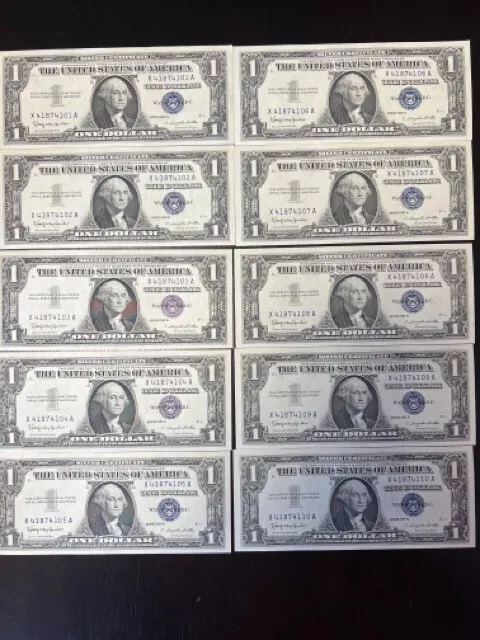 Lot of 10 Sequential One Dollar Blue Seal Silver Certificate Bill $1 Consecutive