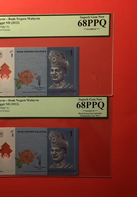 Malaysia-2012-1Ringgit 2 Notes,Graded By Pmg Superb Gem New 68 Epq...very Nice .