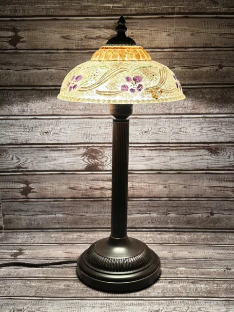 Vintage Table Lamp Hand Paintd Glass Shade Purple Floral Design Brass Hardware
