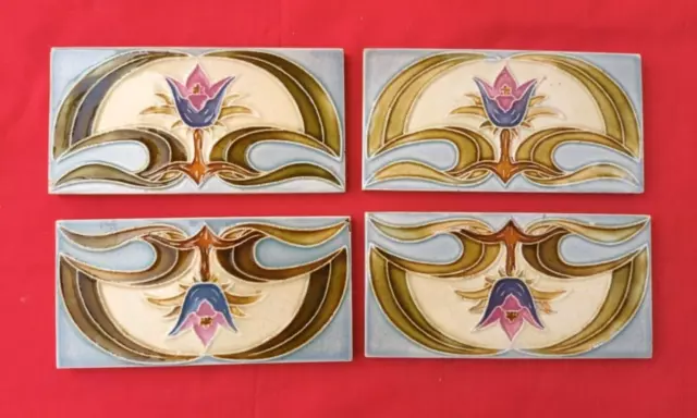 4 Piece Old Art Deco Flower Design Embossed  Majolica Ceramic Tiles Belgium 0101