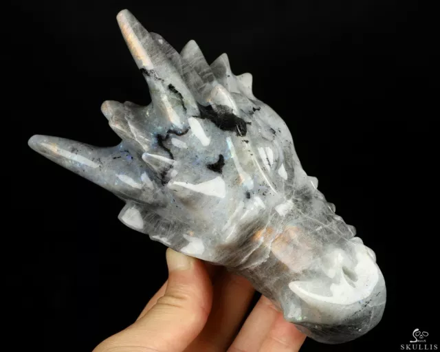 5.9" Labradorite Hand Carved Crystal Dragon Head Skull Sculpture, Healing