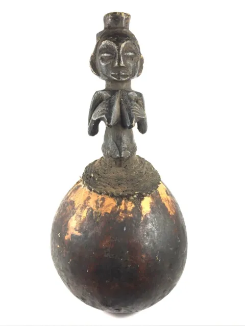 Luba Classical Cult Figure Wood Gourd African Ceremonial Rattle Fertility Congo