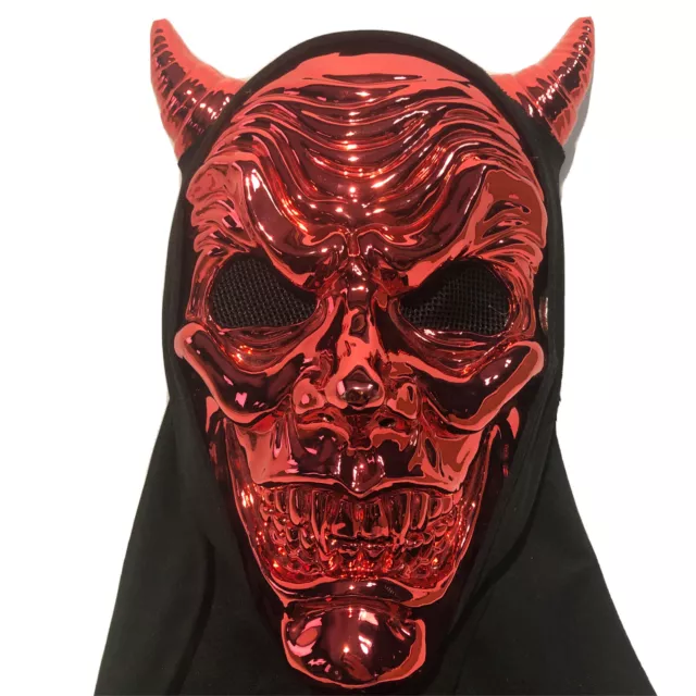 Metallic Red Devil Demon Horns Halloween Party Mask With Hood Costume Decoration