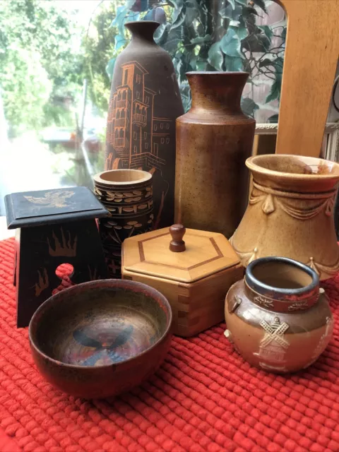 Mixed Lot 8 Vintage Pots Boxes Stoneware Wooden Ceramic Various Brands Makers