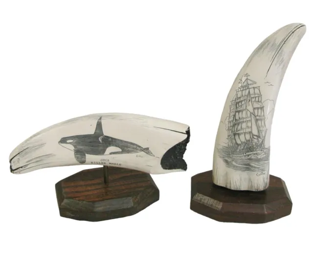 Scrimshaw Sperm Whale Tooth Replica Figurine Set Orca Sail Ship GH Cook Tusk
