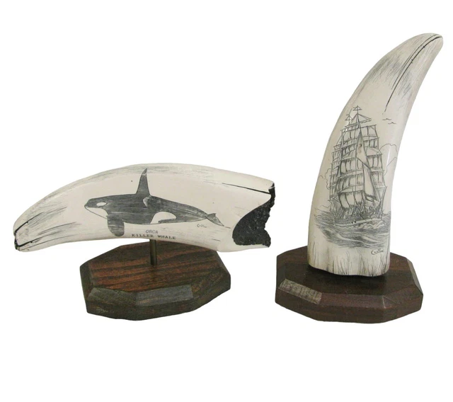 Scrimshaw Sperm Whale Tooth Replica Figurine Set Orca Sail Ship GH Cook Tusk