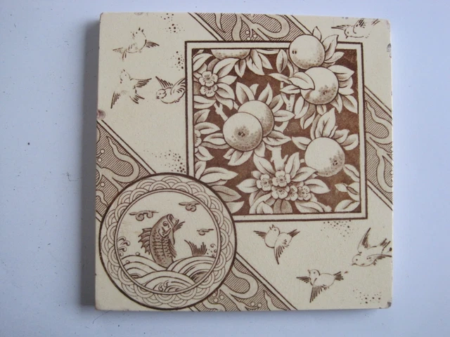 Antique Victorian 6" Wall Tile -Birds, Fish & Fruit - Decorative Art Tile Co