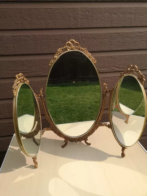 Vintage Brass Ornate Dressing Table Triple Mirror Makeup Bedroom Vanity.