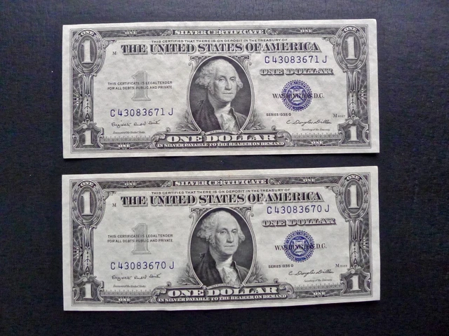 2 Consecutive 1935G $1 Silver Certificates FR1616-No Motto CJ Block