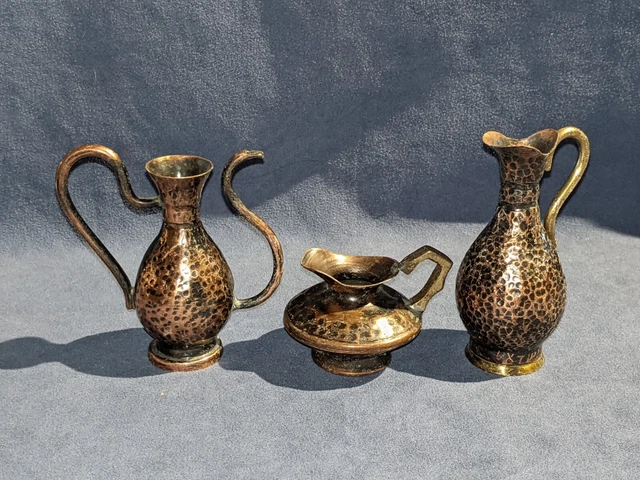 Israel Mini Copper Hammered Ora Pitchers Set With Tax Stickers Attached (PL75)