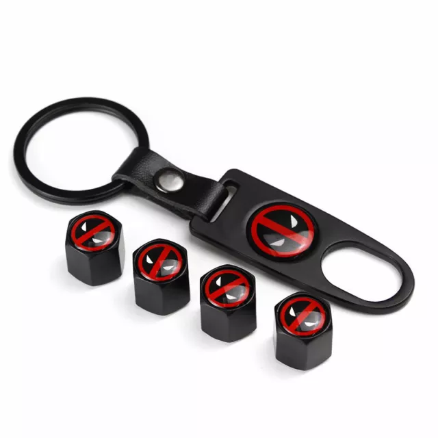 4x Black Deadpool Logo Car Wheel Tire Air Valve Cap Stem Dust Cover + Keychain