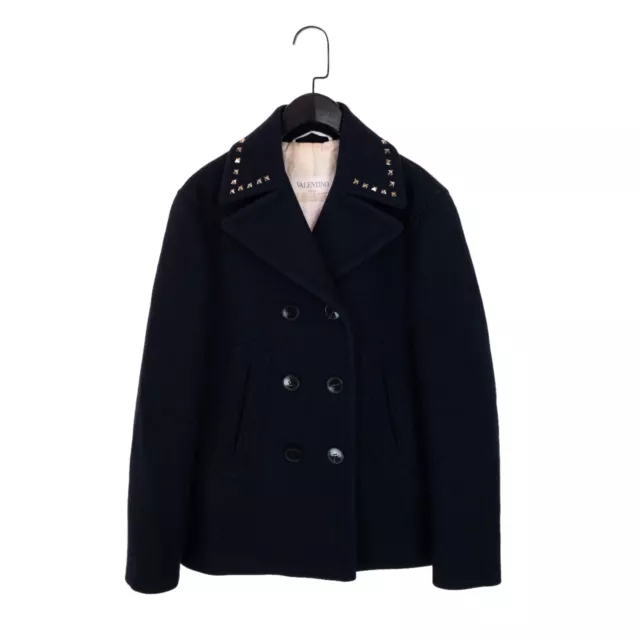 Valentino Navy Wool Felt Stud Collar Double Breast Pea Coat - UK 8 / IT 40