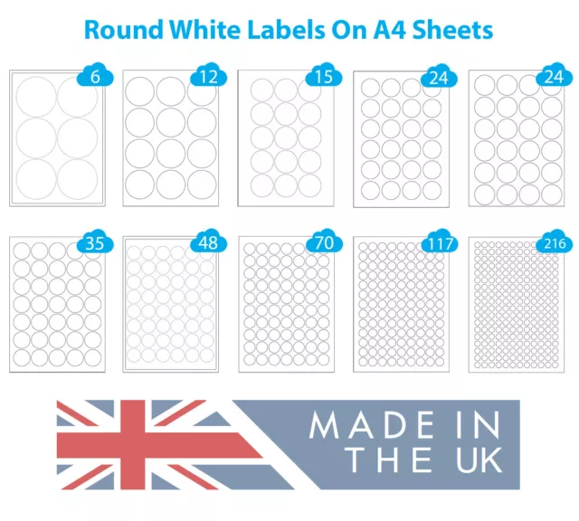 Round Labels, Circular A4 Inkjet & Laser Printer Stickers, White Paper Circles