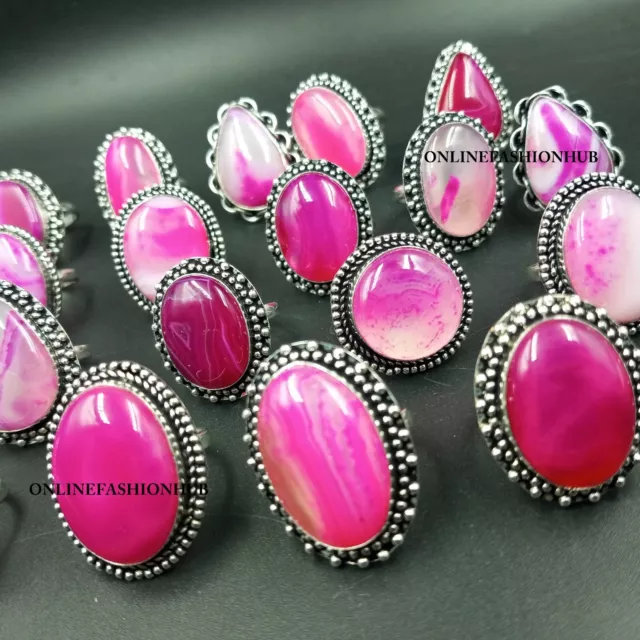 Pink Botswana Agate Gemstone 925 Silver Plated 10 PCs Designer Ring Lot For HER 3