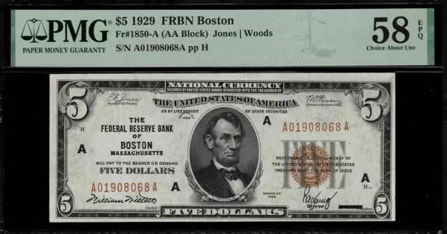 1929 $5 Federal Reserve Bank Note Boston - FR.1850-A - Graded PMG 58 EPQ