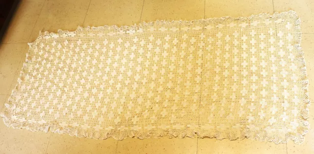 Vintage Beige Hand Crocheted Geometric Ruffled Tablecloth Rectangular 32" X 72"