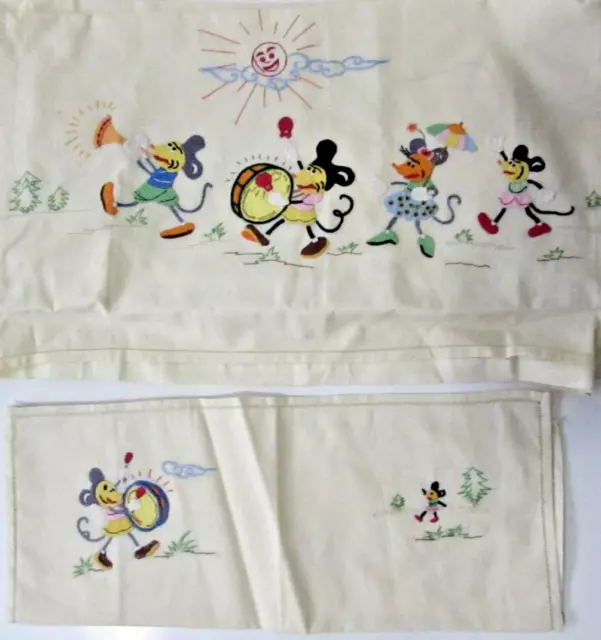 1930s Vtg Disney Mickey Mouse Band Linen Embroidery Coverlet Pillow Case