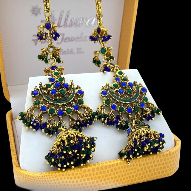 Antique Vintage Art Nouveau 14k Gold Plated Mughal Paste Wedding Earrings 42.1g