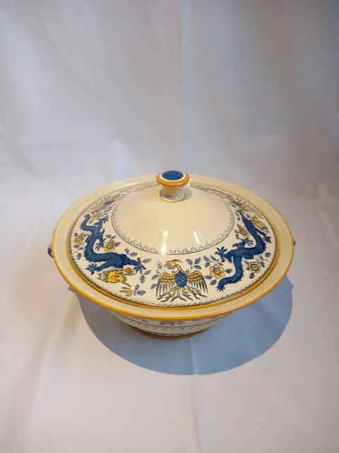  Minton Blue And Yellow  Dragon Lidded, Footed Vegetable Tureen Serving Dish
