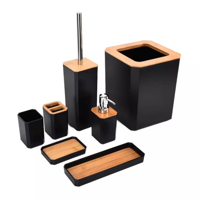 (Black)Bamboo Bathroom Accessories Set 7Pcs Box Toothbrush Holder Kit Fo