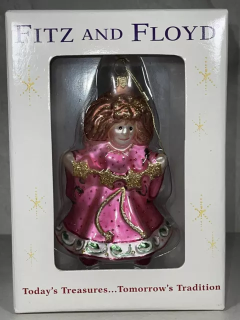 Fitz and Floyd Glass Pink Girl Angel Ornament Holiday Christmas 5” Tall NIB