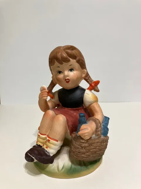 Vintage Enesco Imports Ceramic Figurine Girl Sitting w/Basket & Ice Cream