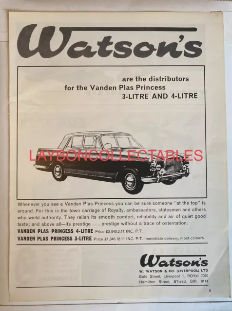 Vintage 1960s Austin Vanden Plas Princess Car Advert Watsons Liverpool AD 1964