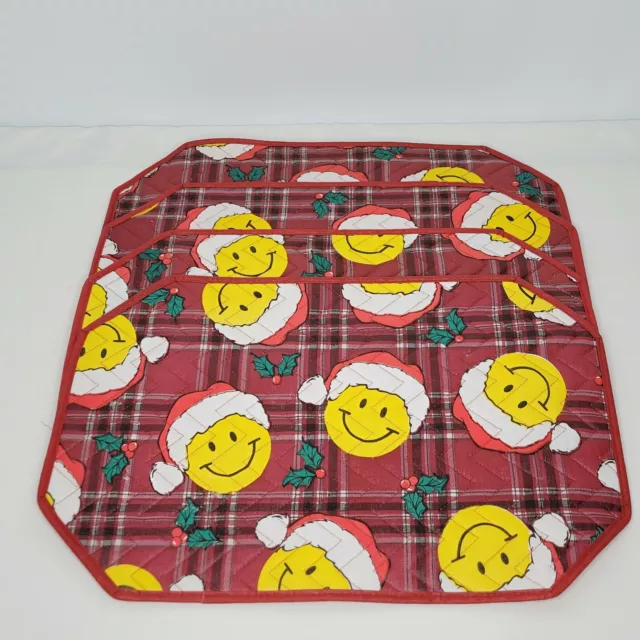 Set of 4 Vtg Christmas Smiley Face Placemats Santa Emoji Plaid Vinyl Quilted