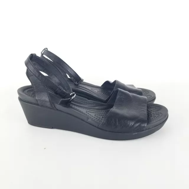 Crocs 204732 Leigh Ann Leather Mini Wedge Black Sandals Size 8 Ankle Strap