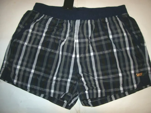 NEW HUGO BOSS navy blue plaid swim trunks board shorts CATSHARK sz Large