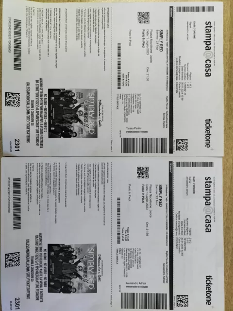 Vendo 2 Biglietti Concerto Simply Red Lucca, Prezzo Totale  Eur 70