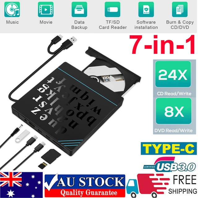 Portable External DVD Drive 7 in 1 USB 3.0 Type-C CD DVD RW Reader Burner Player