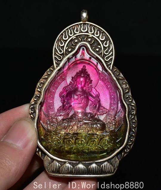 3"Old China Silver Inlay Color Gem Amitayus longevity God Goddess Amulet Pendant