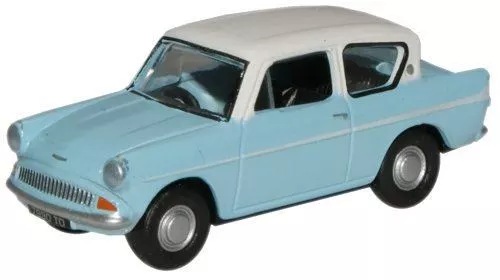 Neuf Oxford Diecast Bleu Clair / Hermine Blanc Ford Anglia 1:76 Oo Échelle -