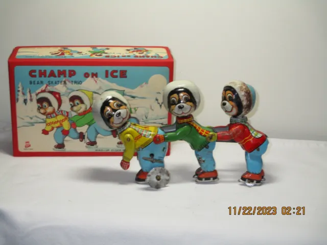 Vintage T.p.s /Toplay Toy Co 1960 Tin Wind Up Champ On Ice Skating Bear Trio.