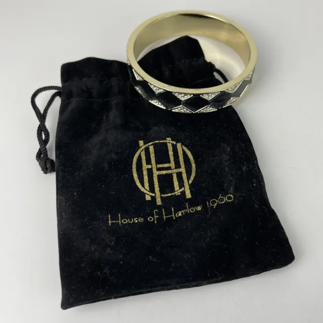 House of Harlow Sunburst Rhinestones Bangle Bracelet Black Leather Diamond