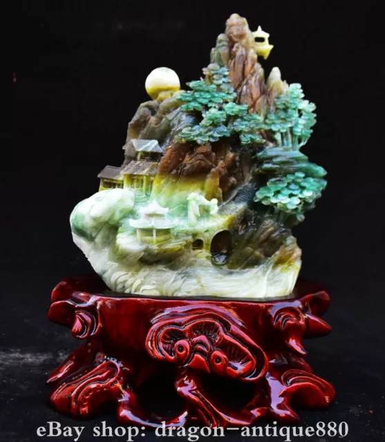 10.2" Old China Natural Dushan Jade Carving Mountain Water Tree People Sculpture