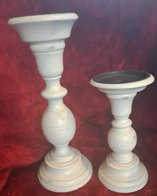 Farmhouse Shabby Chic Distressed White Painted Candlesticks Set of 2/India Made