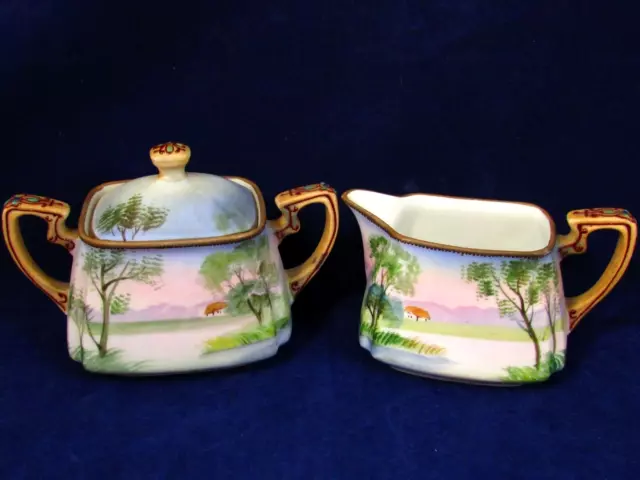 Nippon Painted Scenic Moriage Jewelled Pink Blue Creamer Covered Sugar
