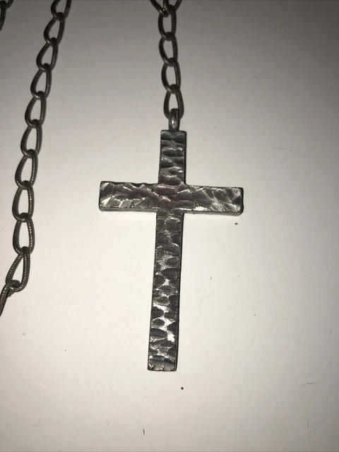 Vtg Wells Colonial Pewter  Jewelry hammered Cross  lg textured Religious
