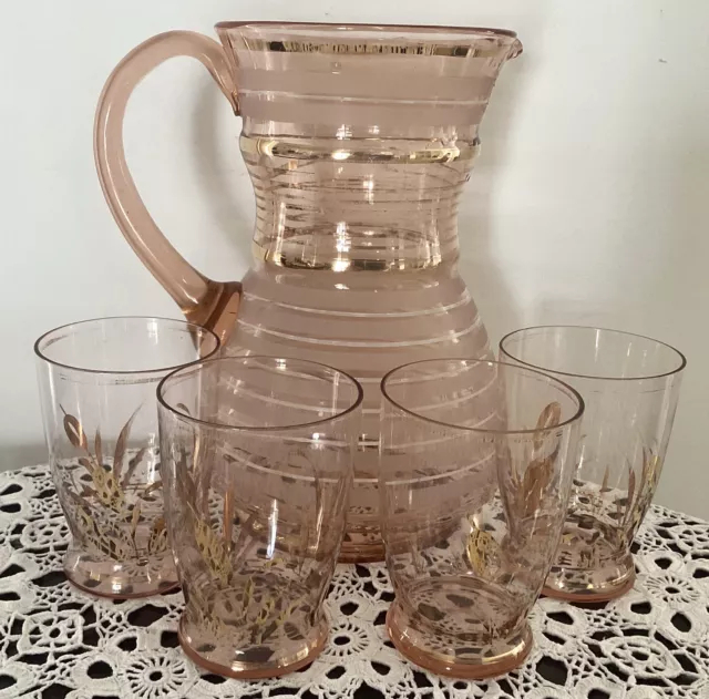 Vintage Pink Glass Water Set Jug And 4 Glasses Gold Floral Decor Present For Her