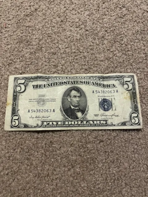 1953 Series Five Dollar Silver Certificate United States $5 Bill Blue Seal Note