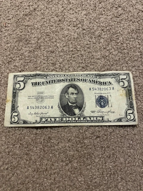 1953 Series Five Dollar Silver Certificate United States $5 Bill Blue Seal Note