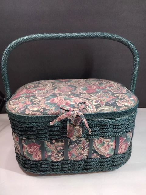 Vintage Sewing Basket Box Case Handle Retro Paisley Material Flowers Pattern