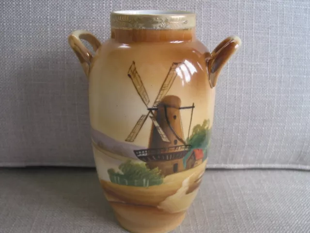 Nippon Scenic Vase w Handles Morimura Green Mark, 6.5 inch tall, Dutch Windmill