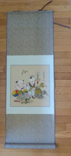 Chinese Scroll Hand Painted Children Playing Damask Cloth Good Condition