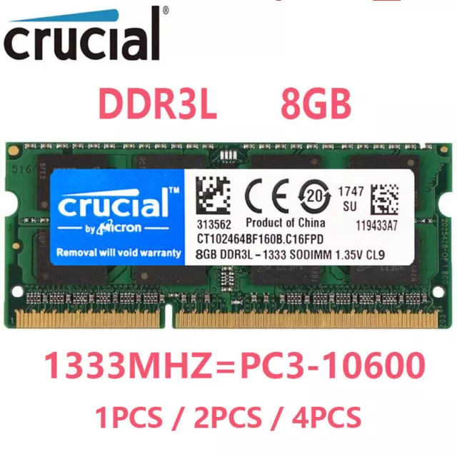 CRUCIAL DDR3L 1333Mhz 32GB 16GB 8GB 2Rx8 PC3-10600S SODIMM Laptop Memory RAM