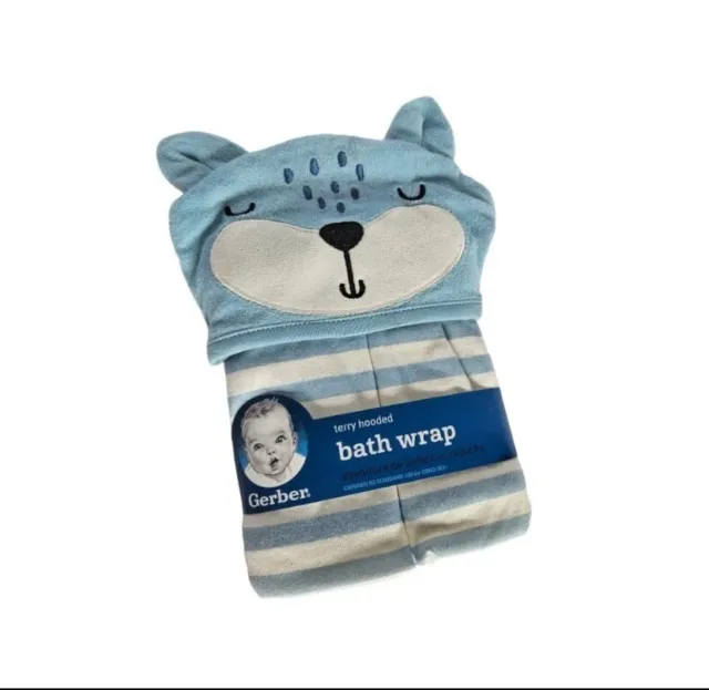 BRAND NEW Gerber Baby Terry Hooded Bath Wrap Towel Blue Bear/Fox 22" x 33" NWT