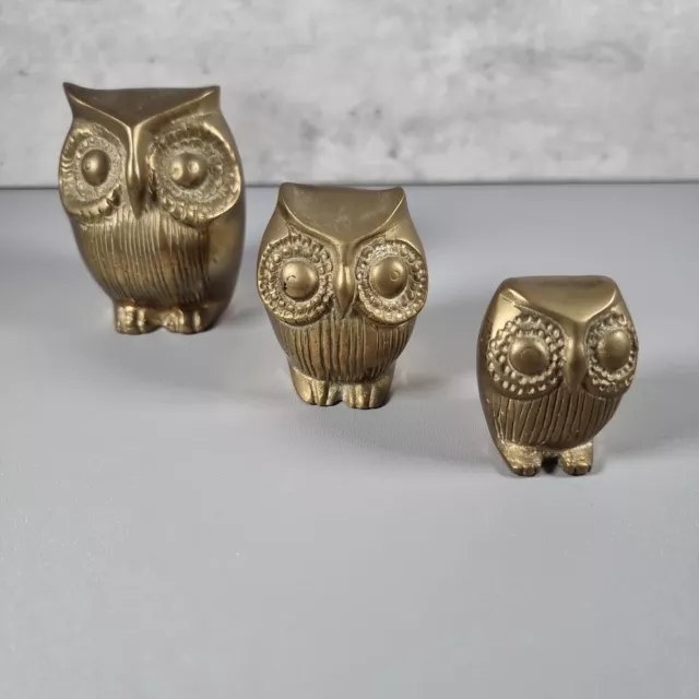 Vintage Solid Brass Owl Set Of 3 Figures Ornament Paperweight