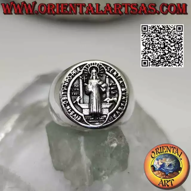 Anello in argento 925‰ liscio con sigillo o medaglia di San Benedetto da Norcia